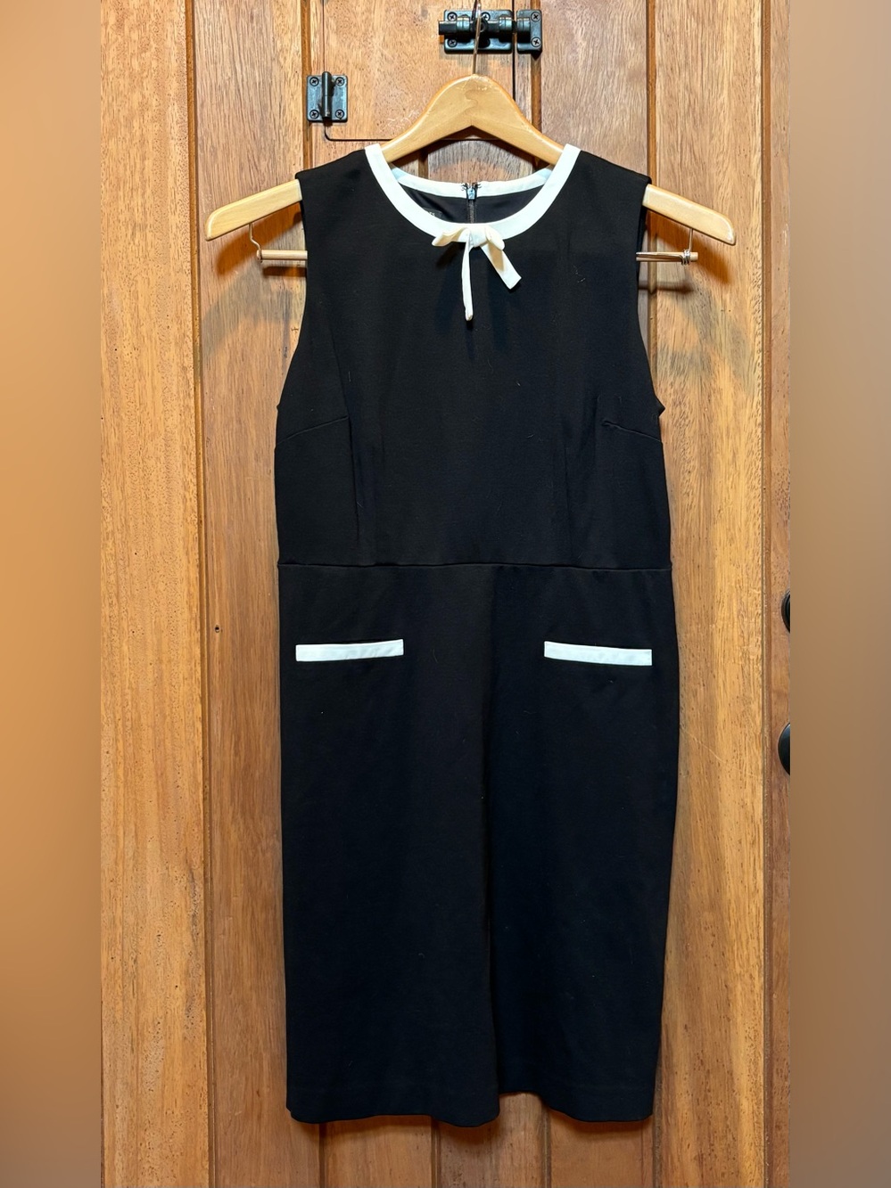 Talbots Elegant Black Shift Dress with White Trim and Bow